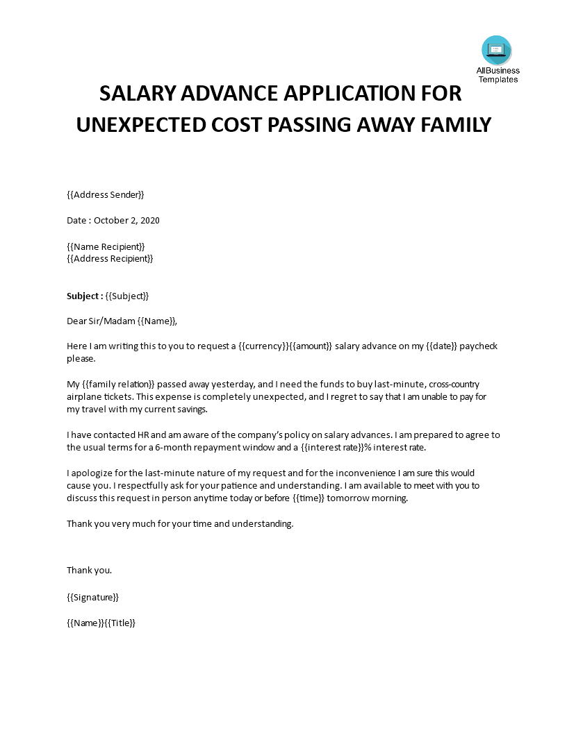 salary advance request losing family unexpected fees voorbeeld afbeelding 