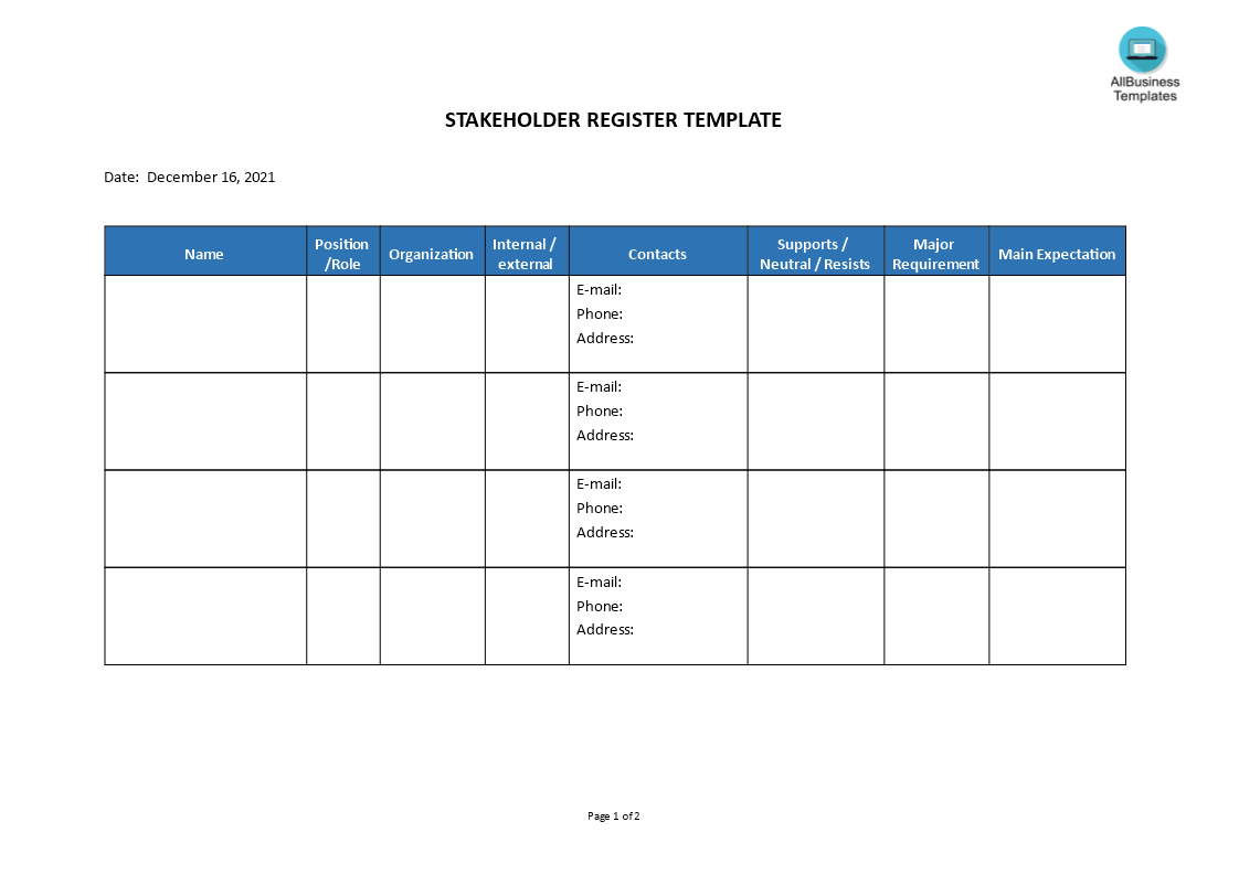 stakeholder register template template