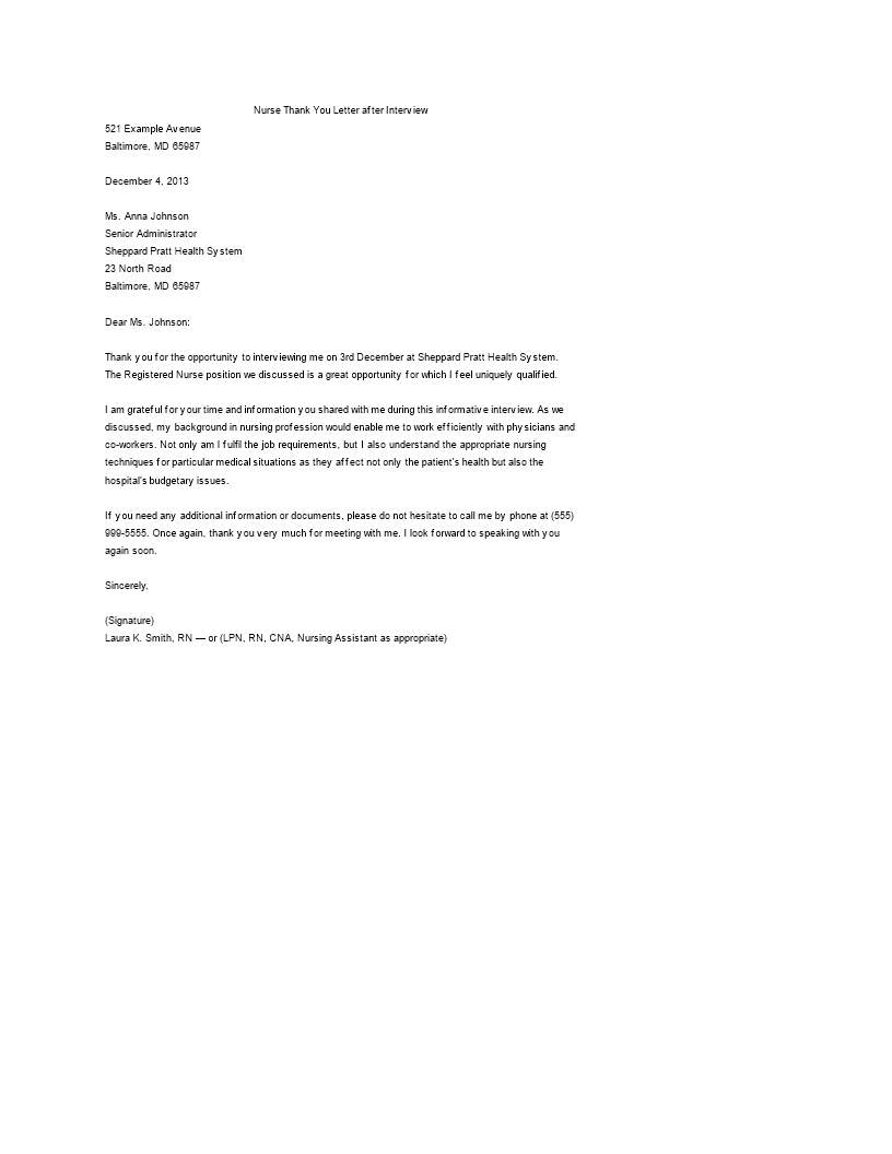 sample thank you letter after nursing job interview plantilla imagen principal