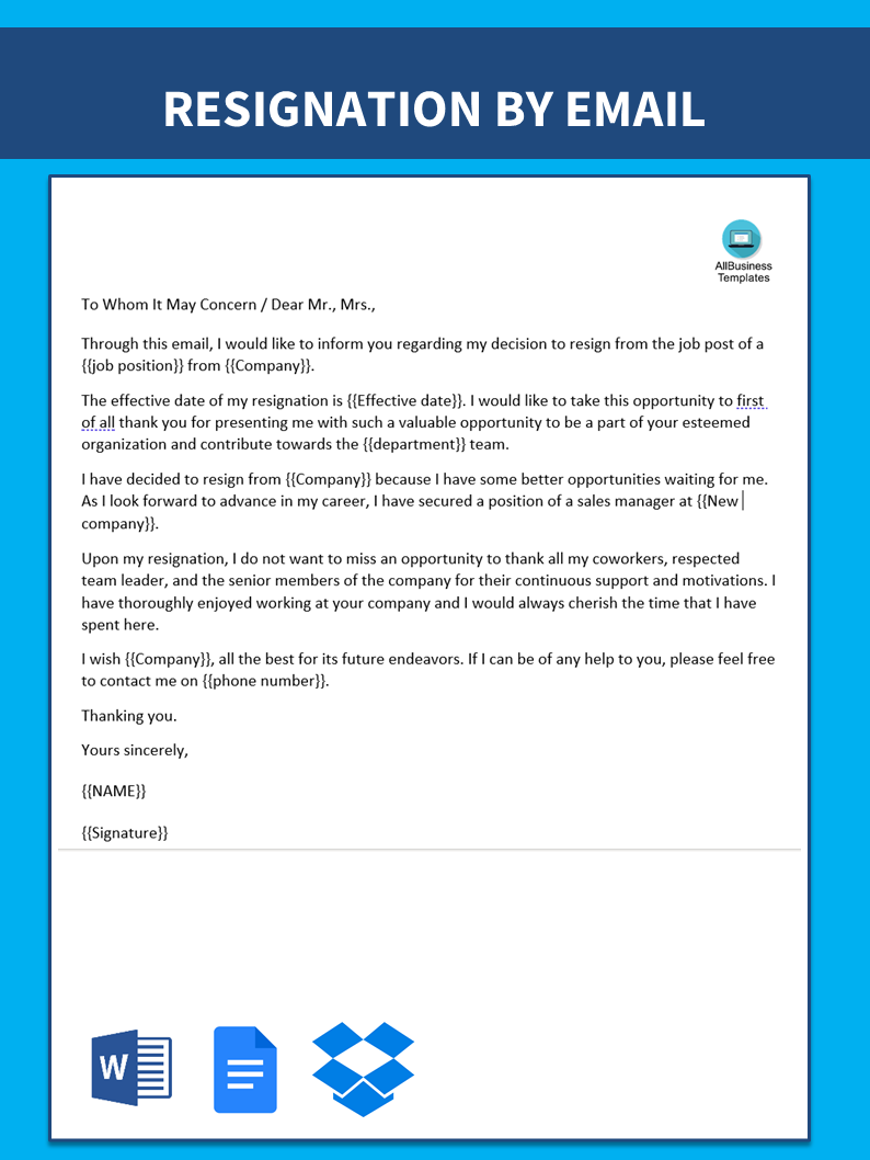 employee resignation letter sample template