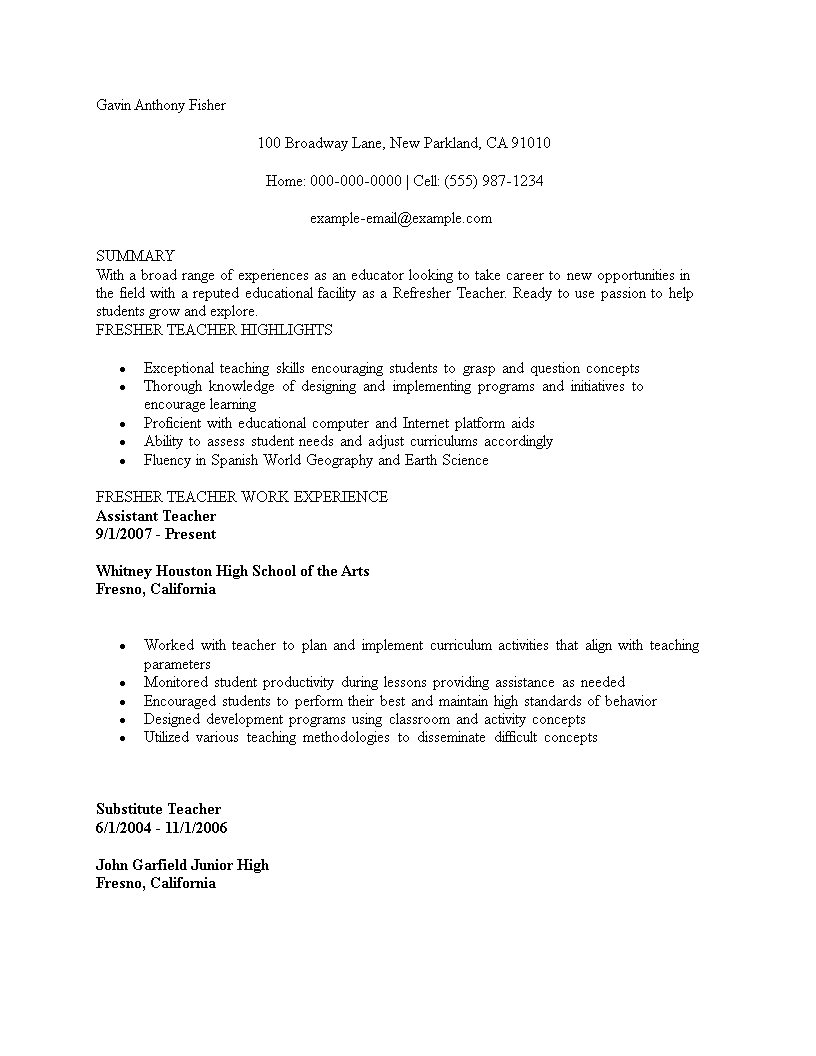 Resume For Teaching Job Fresher template main image