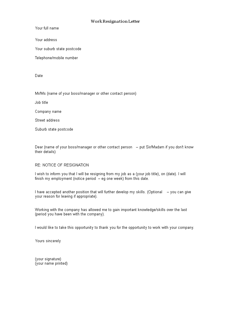 formal notice of resignation sample template