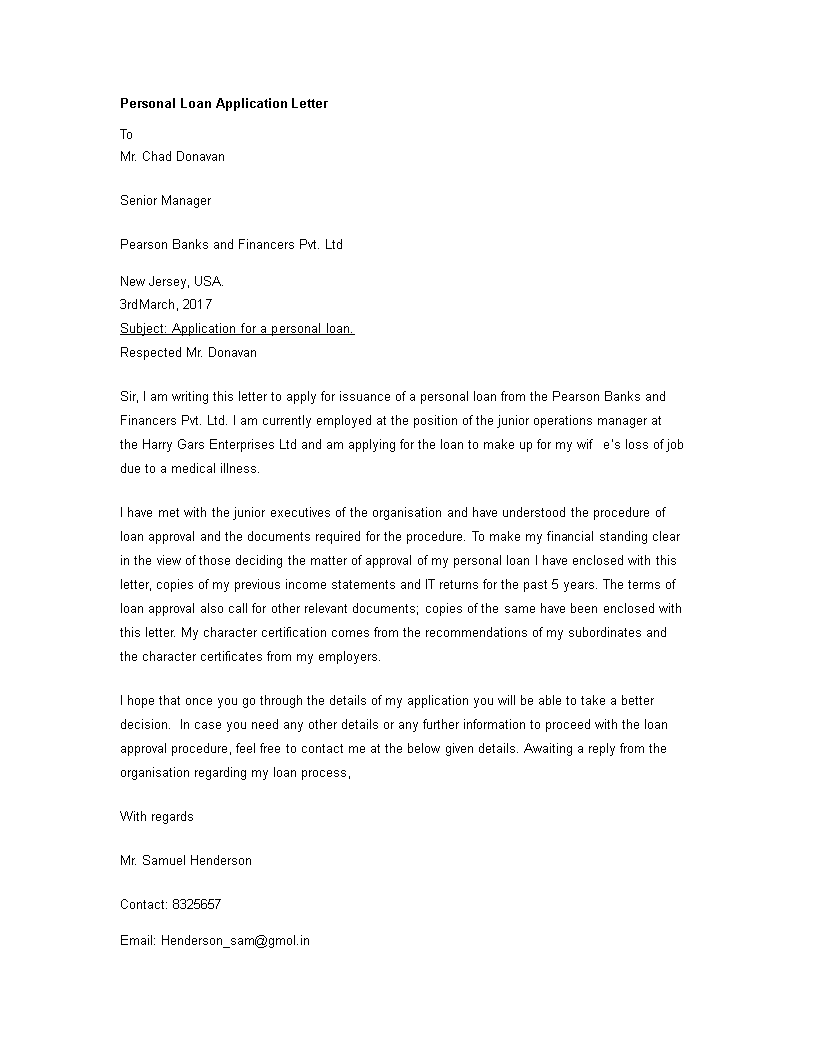 personal loan application letter sample to bank