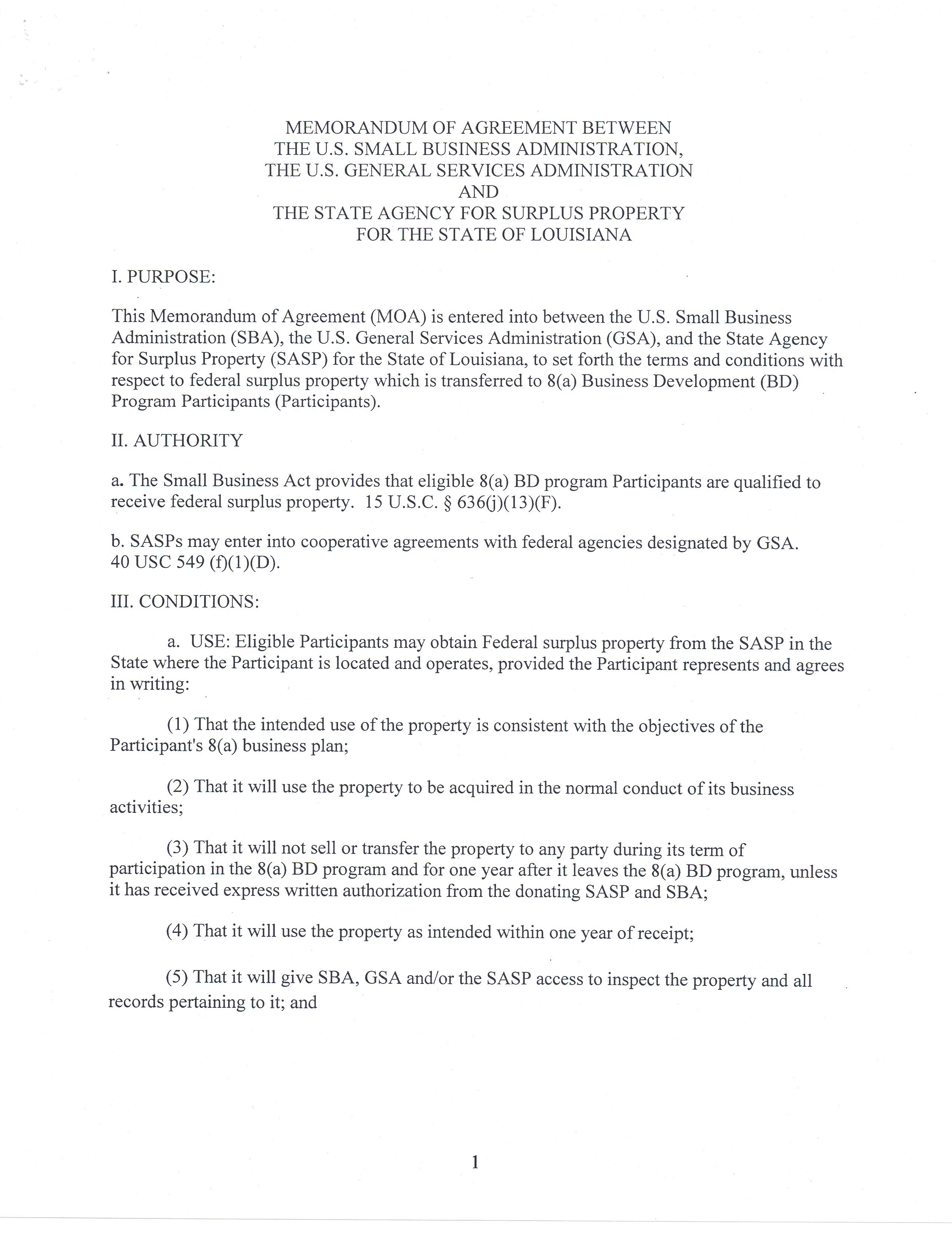 small business administration memorandum agreement template