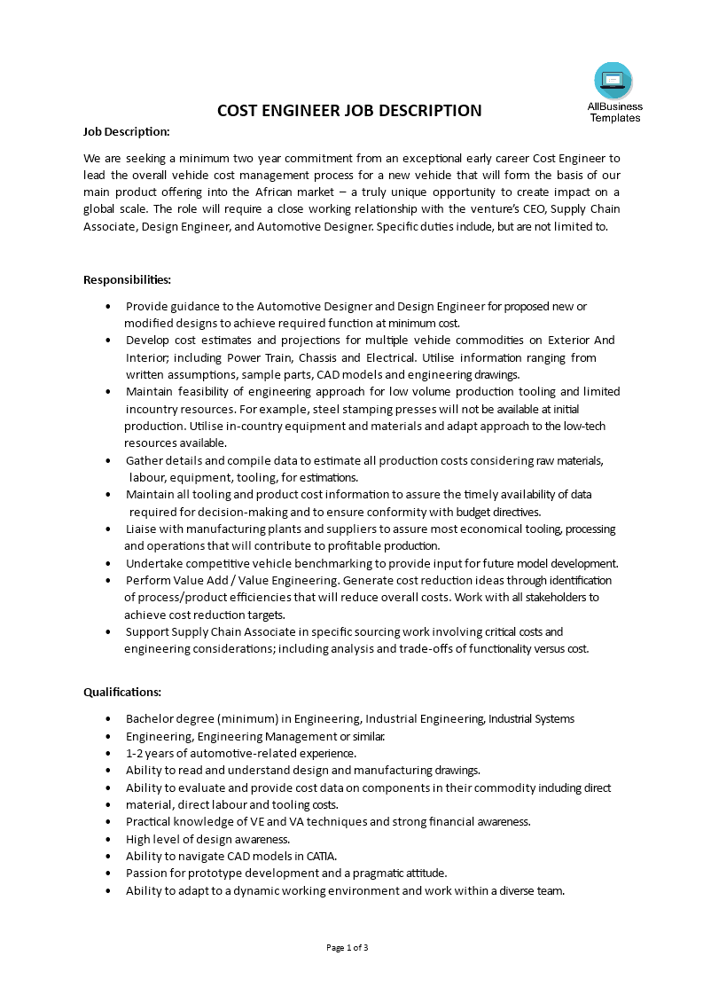 Cost Engineer Job Description Templates At