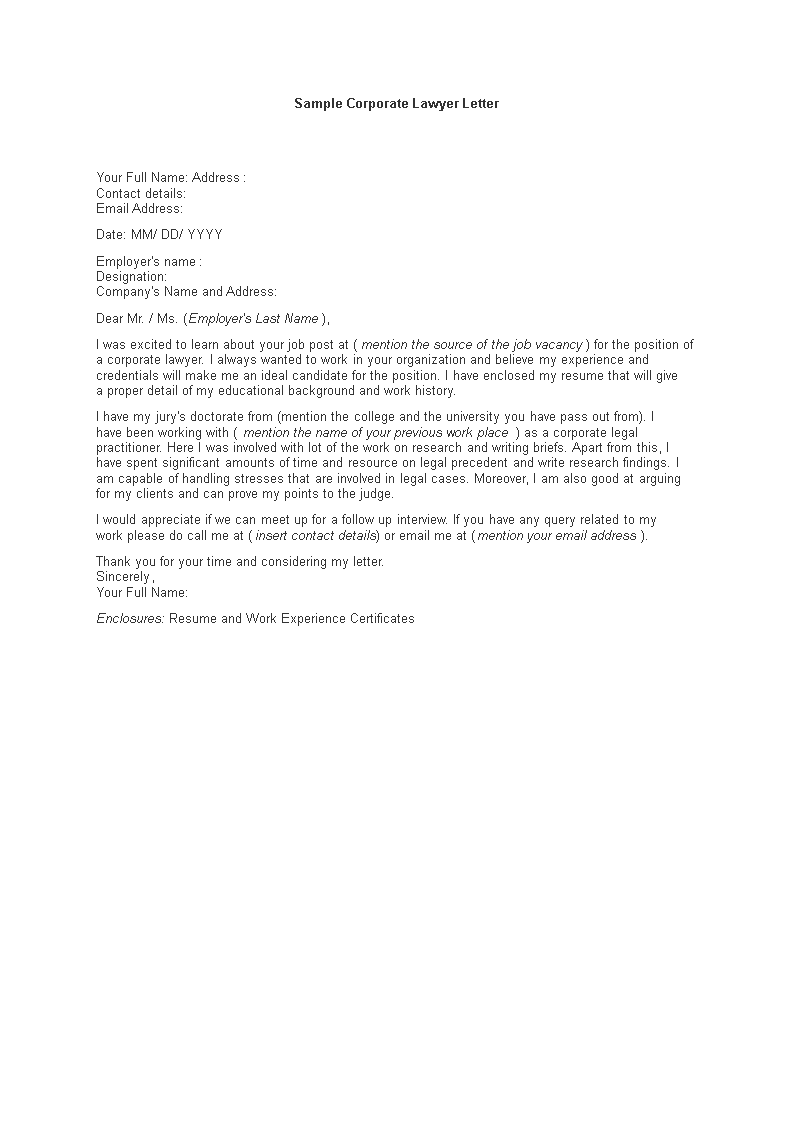 corporate lawyer job application letter modèles