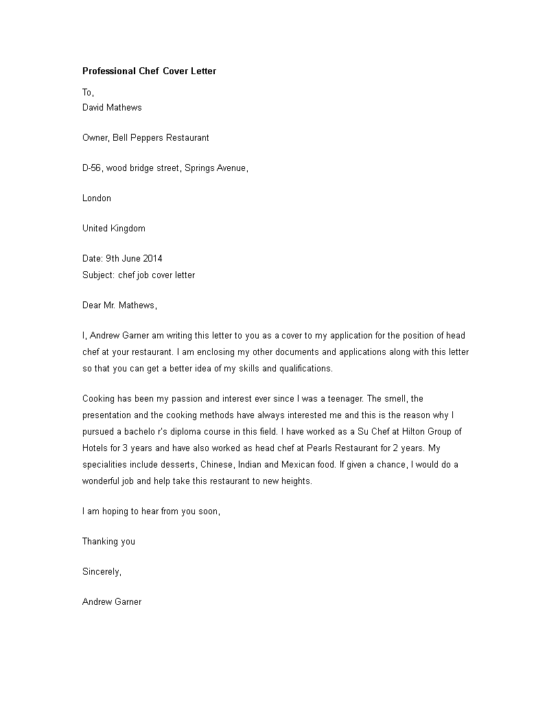 best application letter for chef