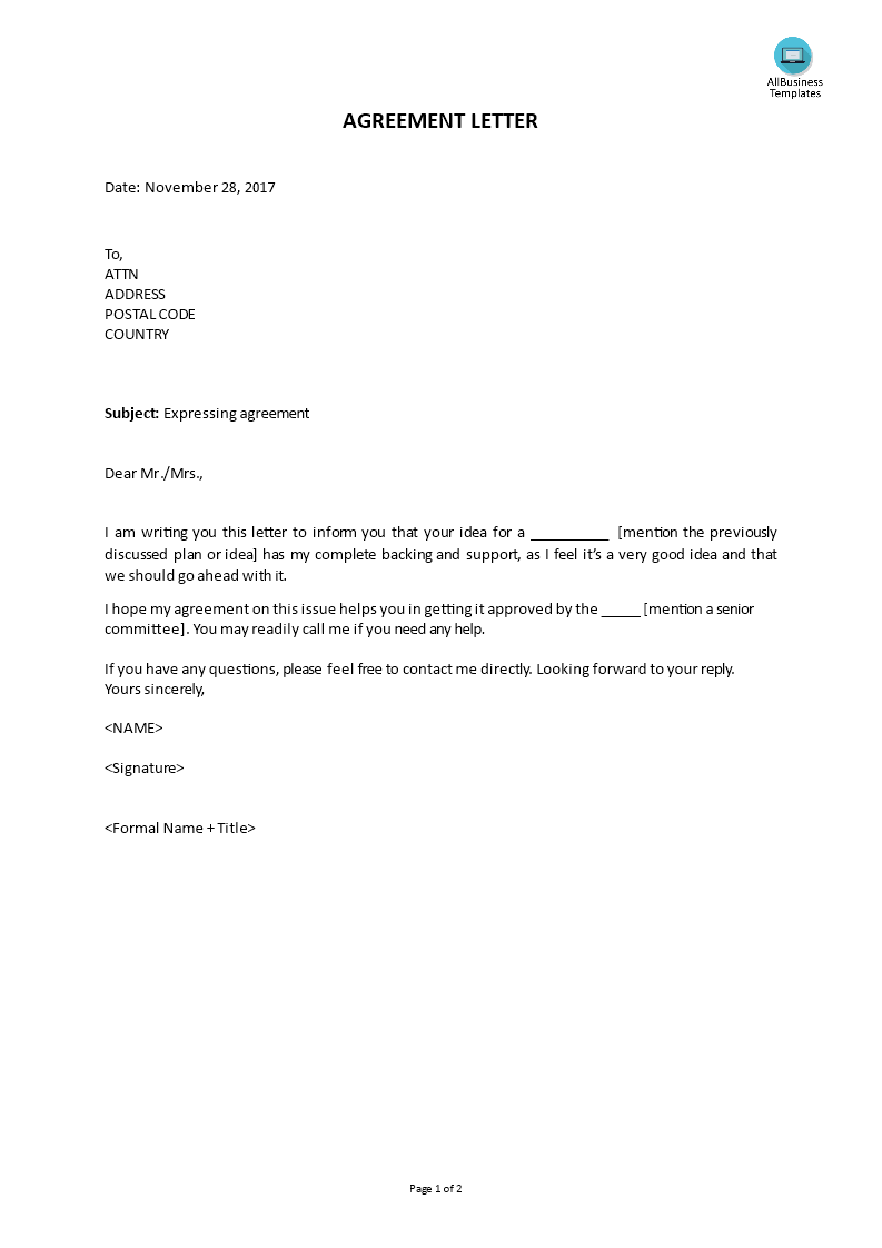 agreement letter template