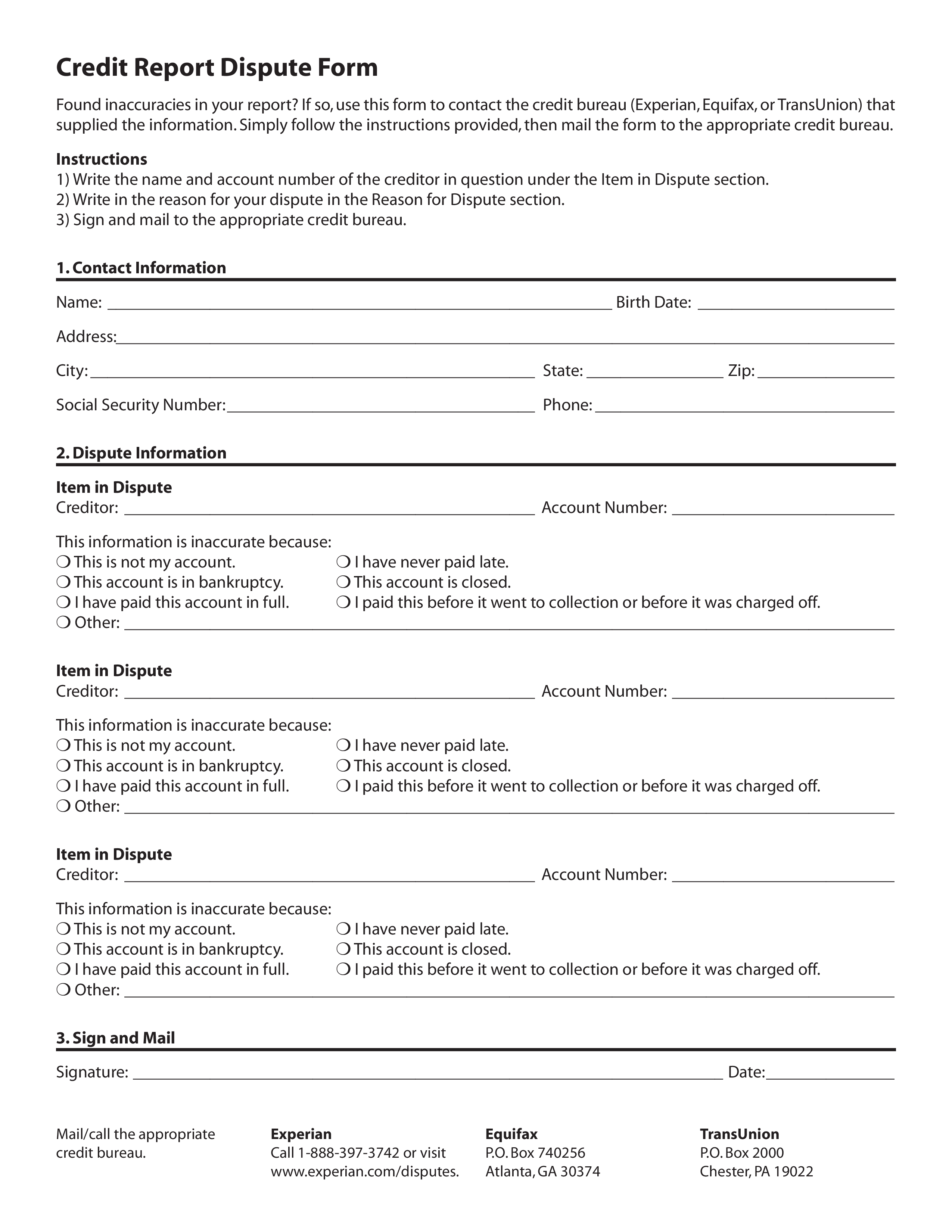 credit report dispute form template