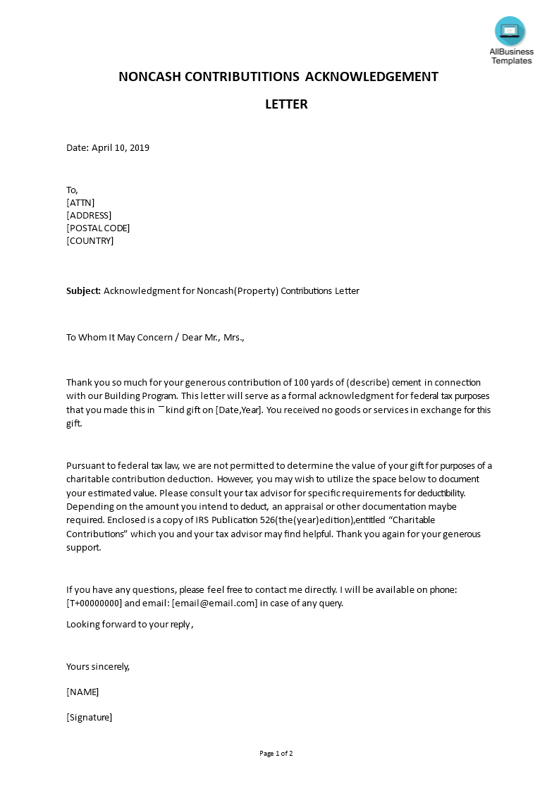 acknowledgment for noncash(property) contributions letter sample template