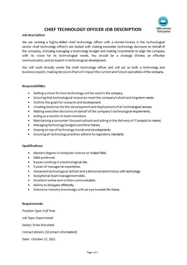 Chief Technology Officer Job Description main image