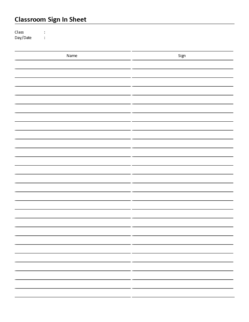 Classroom Sign In Sheet 2 Columns 模板