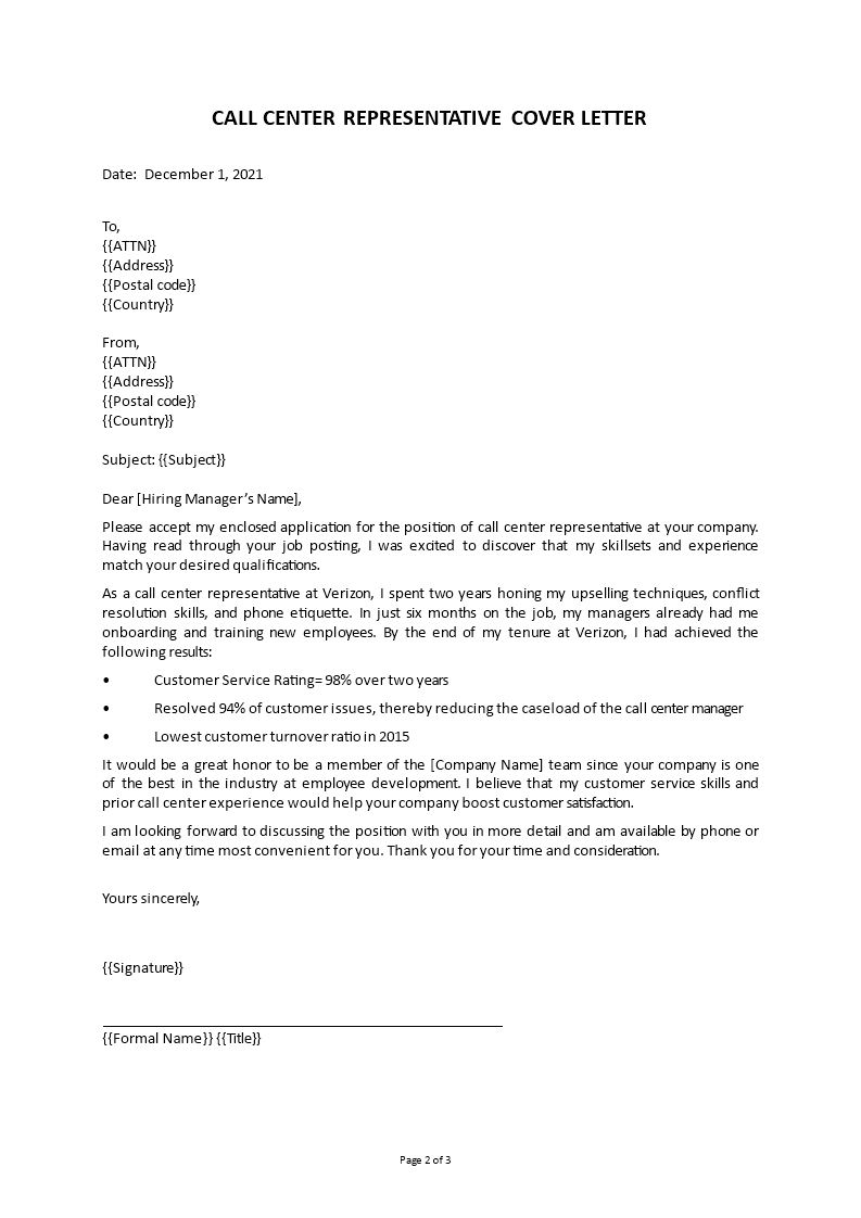 Telecharger Gratuit Call Center Cover Letter Sample