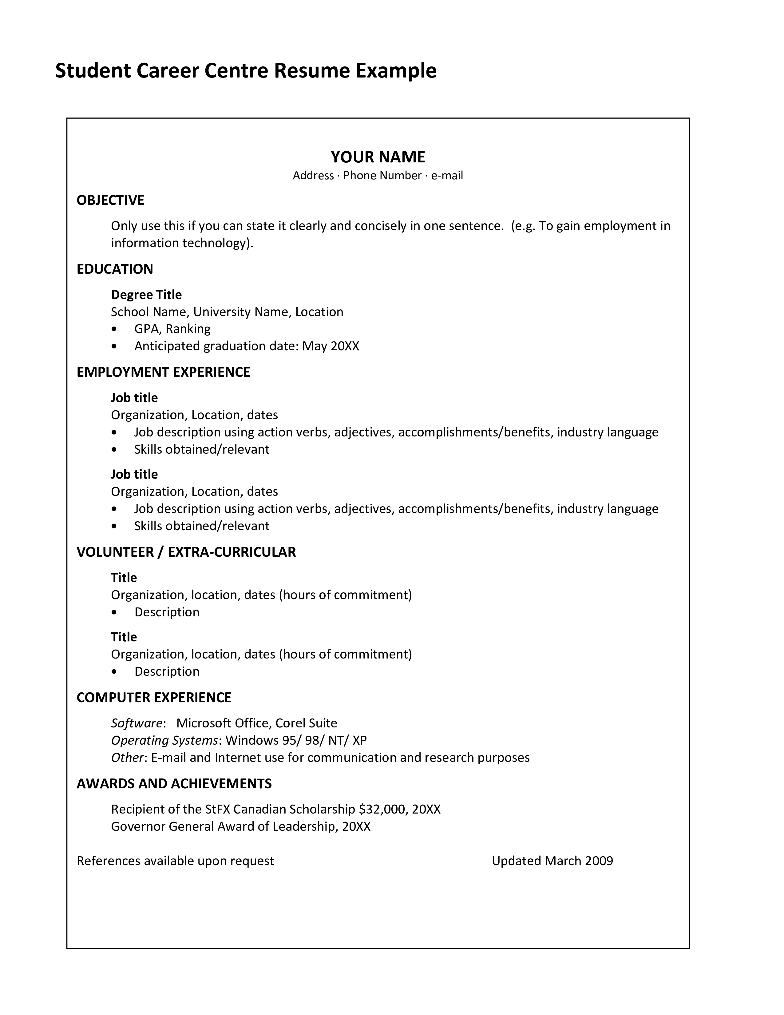 student career center resume example template