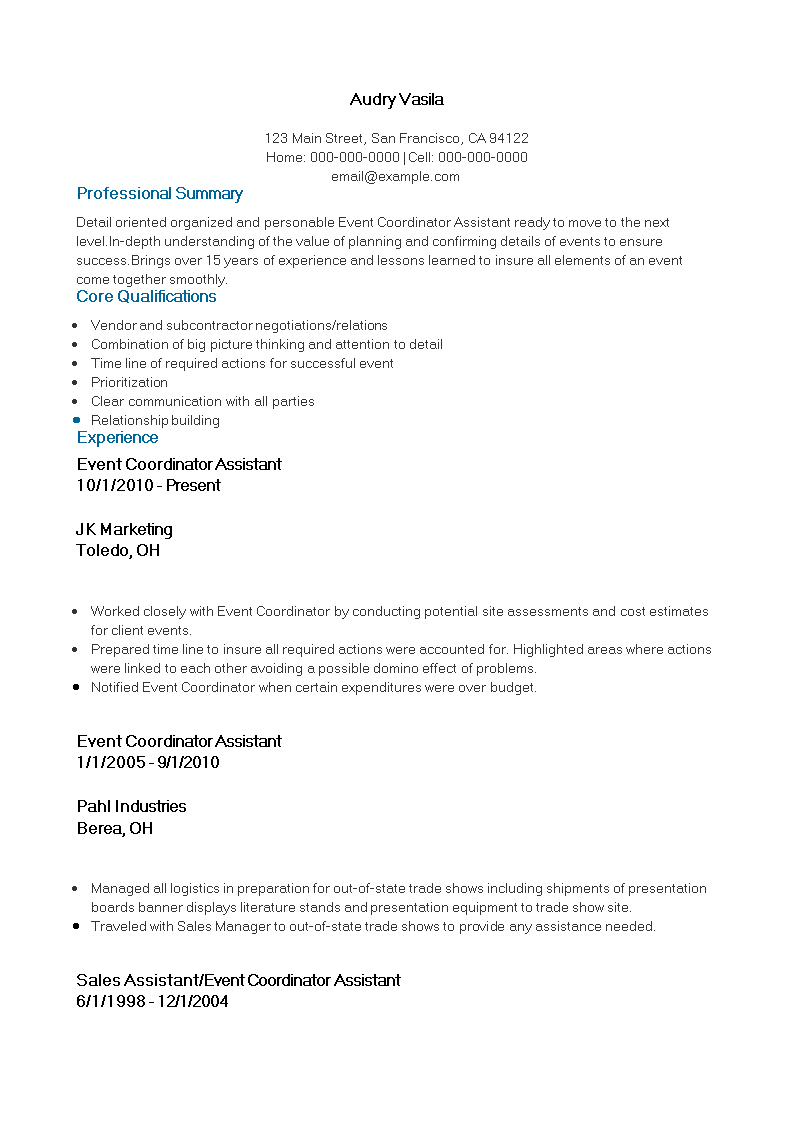 event coordinator assistant resume Hauptschablonenbild