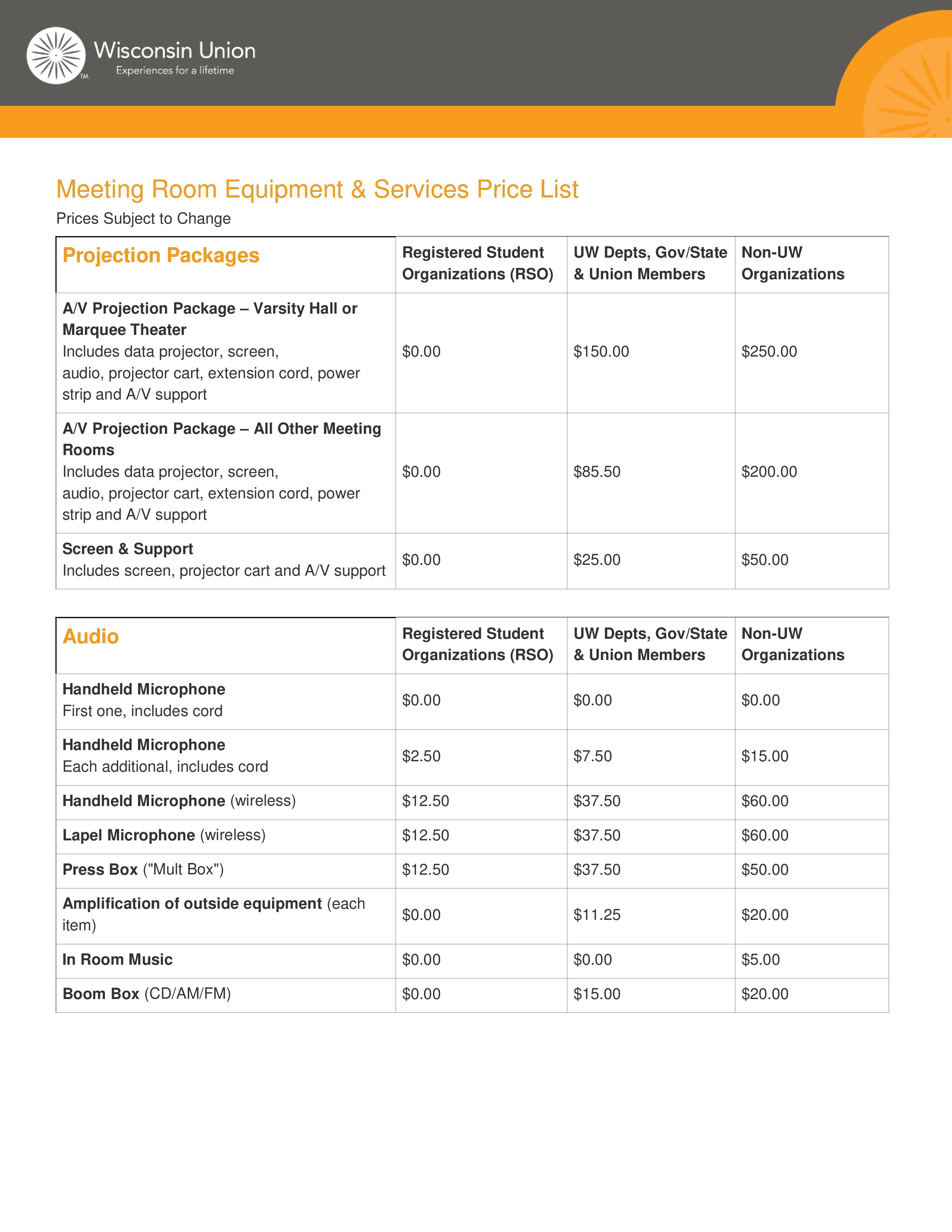 Event Services Pricelist main image