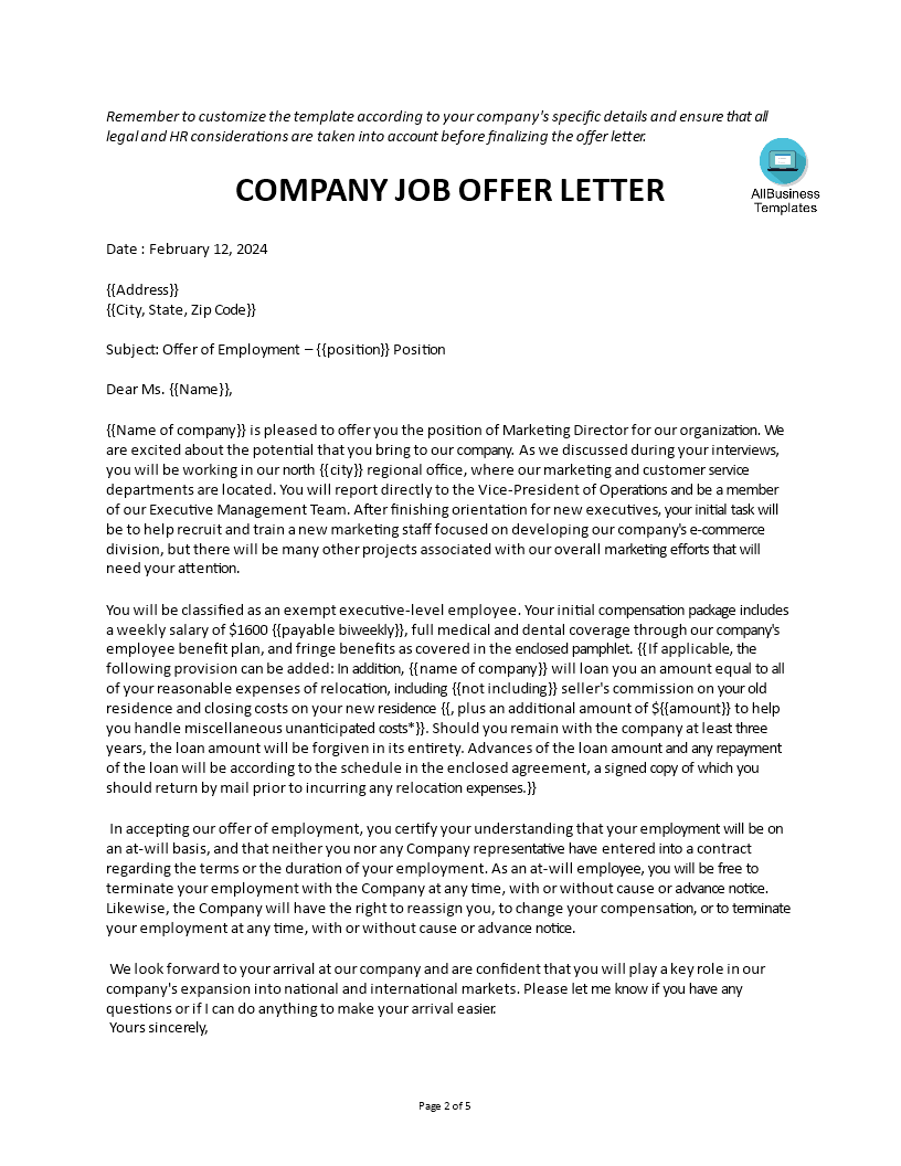 job offer letter example template