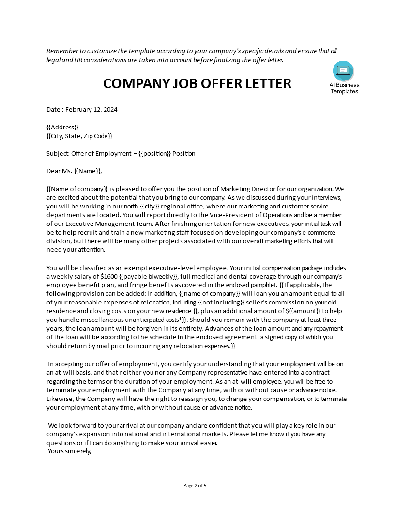 Job Offer Letter Example Templates At Allbusinesstemplates job-offer-letter-example-templates-at-allbusinesstemplates