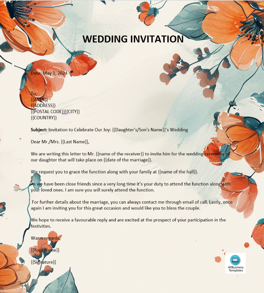 wedding invitation letter template voorbeeld afbeelding 