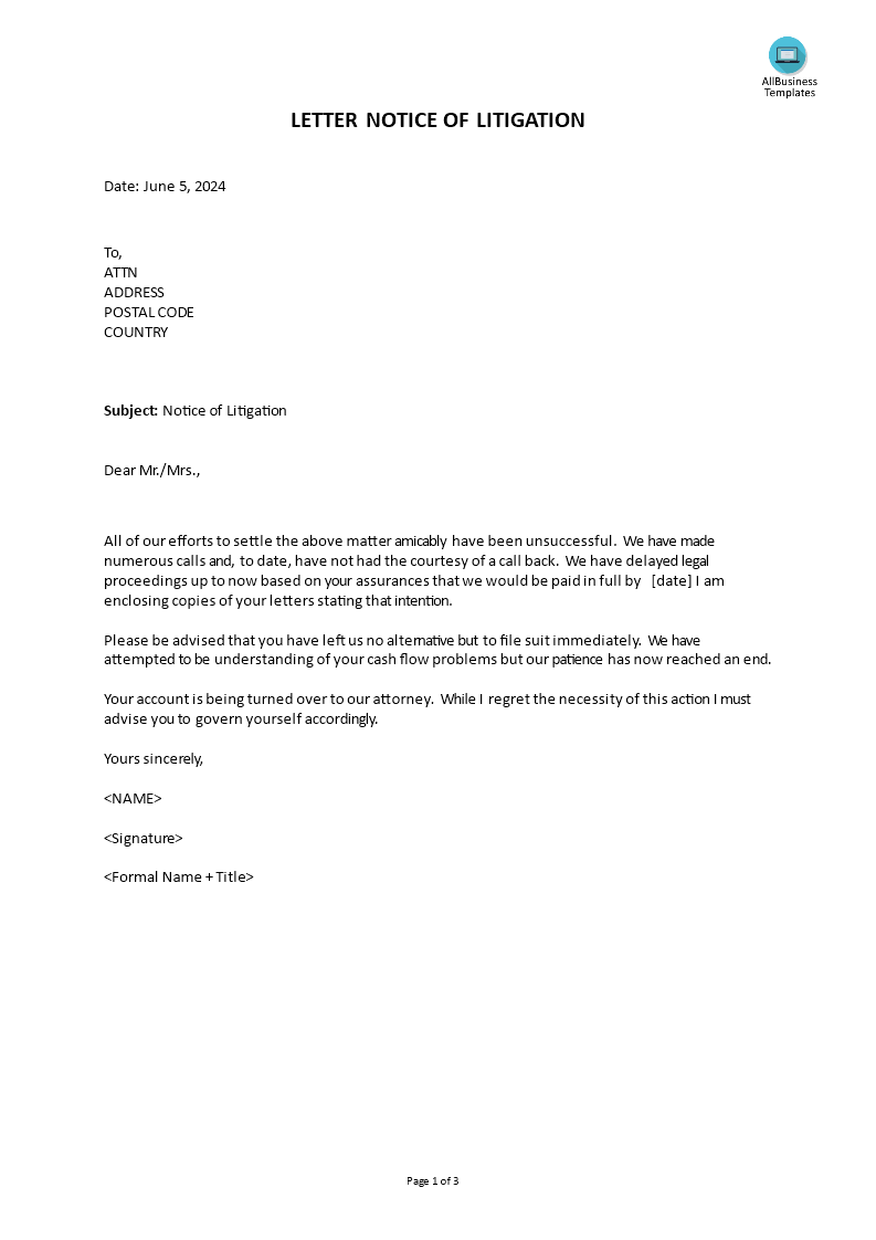 Letter Notice Of Litigation  Templates at allbusinesstemplates.com