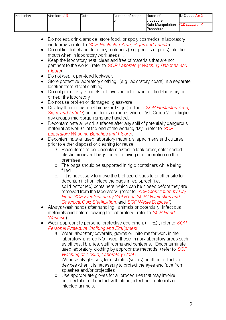 safe operation laboratory sop example modèles