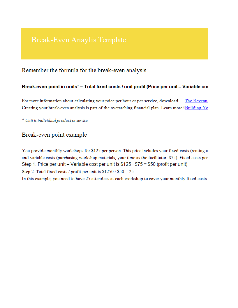 break-even analyses sample template