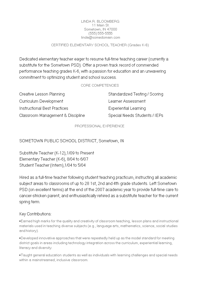 Veteran Elementary Teacher Resume 模板