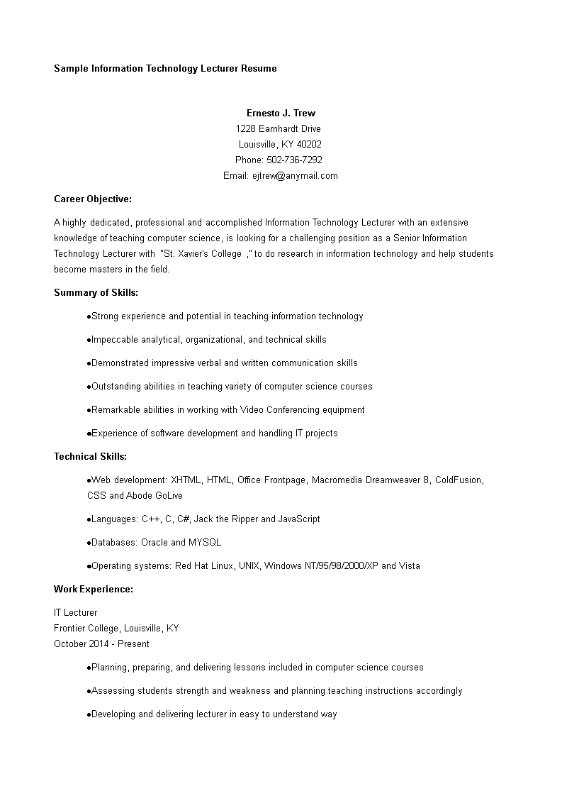 it lecturer resume template