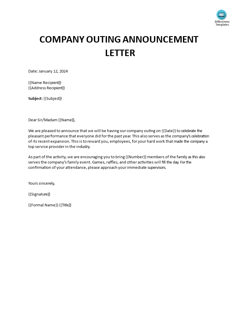 company outing announcement letter modèles