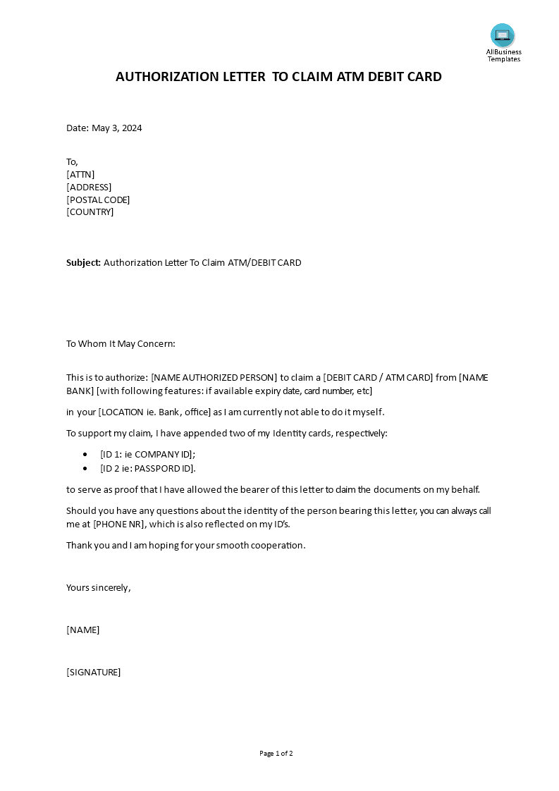 authorization letter to claim atm debit card template