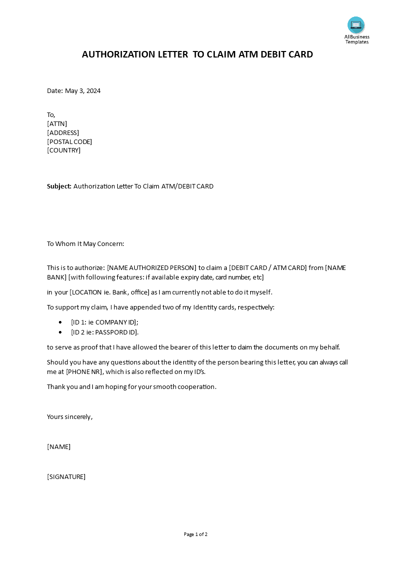 authorization letter to claim atm debit card voorbeeld afbeelding 