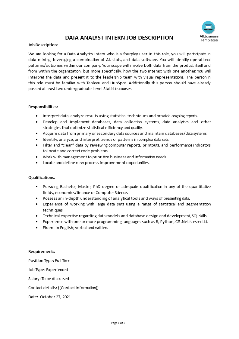 data analyst intern job description template
