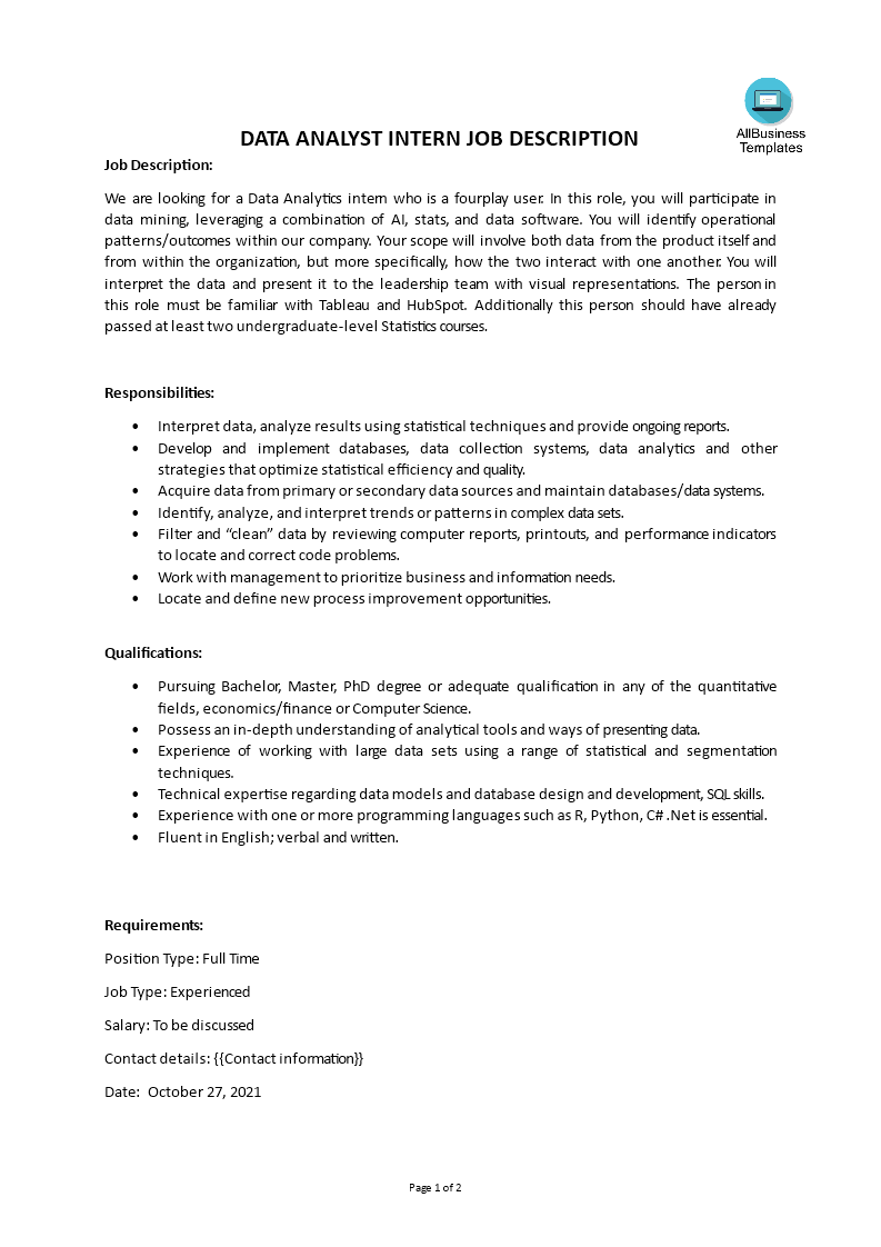 data analyst intern job description modèles