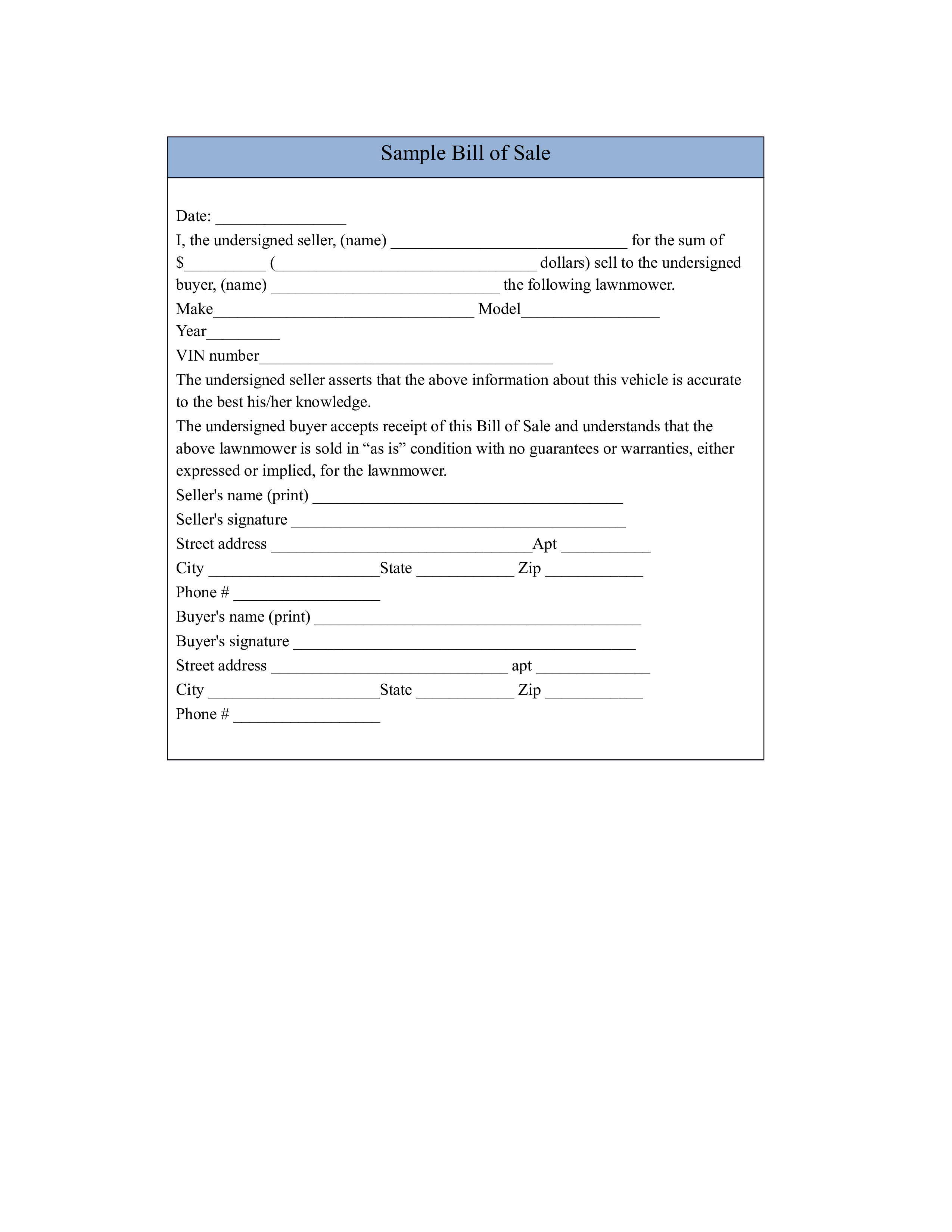 Bill Of Sale Sample Templates At Allbusinesstemplates