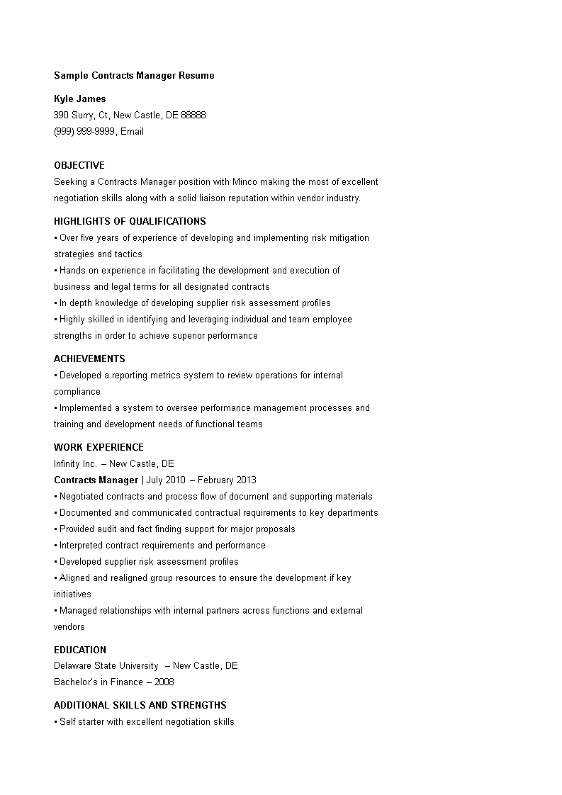 Sample Contract Manager Resume 模板