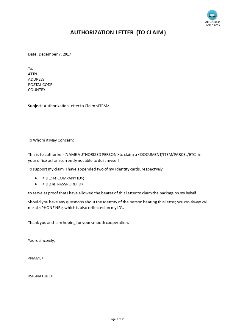 authorization letter to claim voorbeeld afbeelding 