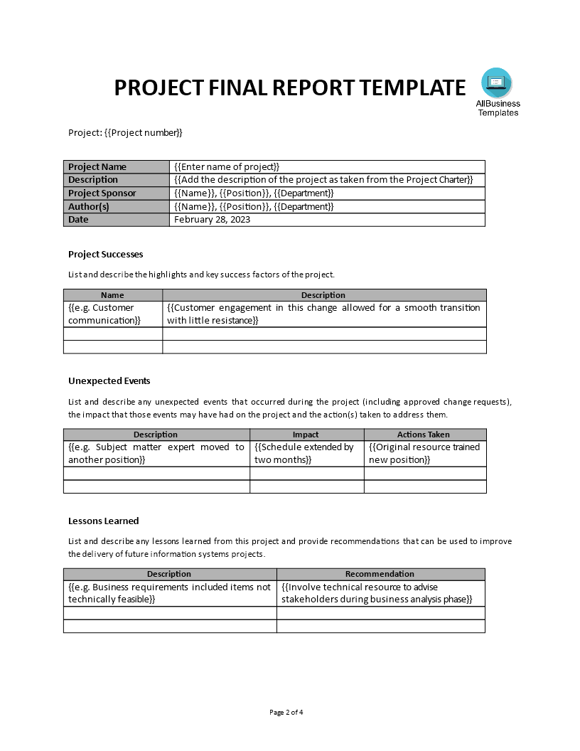 Kostenloses Professional Project Final Report Word In Post Project Report Template