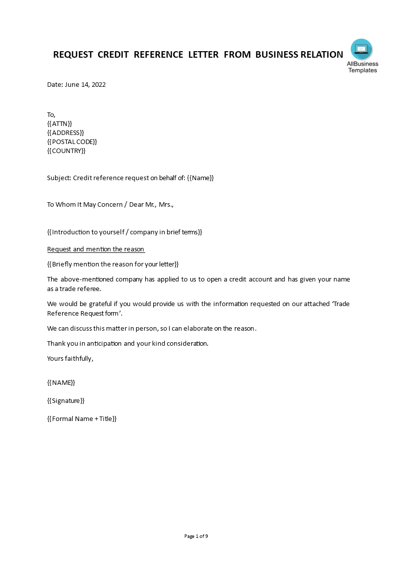 credit reference letter from supplier Hauptschablonenbild