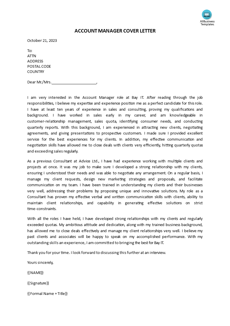 Account Manager Cover Letter | Templates at ...