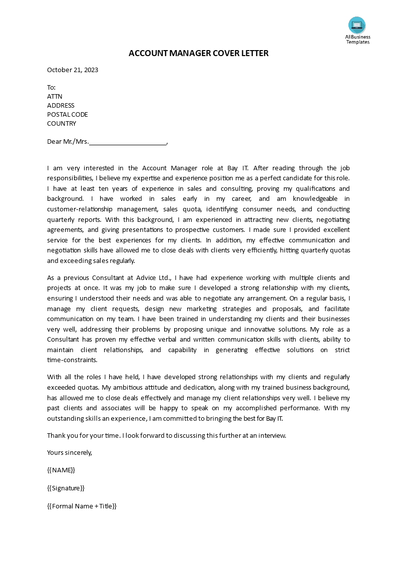 good cover letter examples for account management