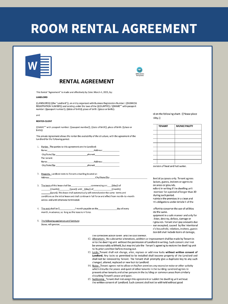 room rental lease agreement modèles