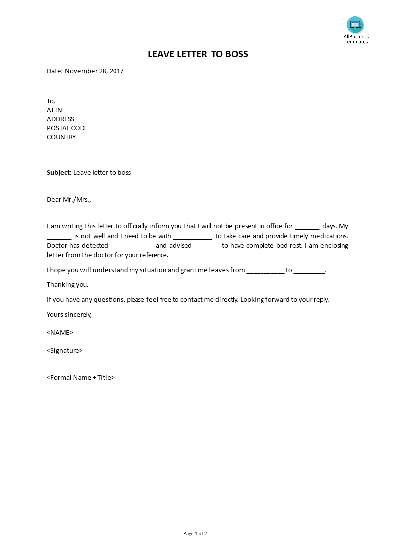 sample of leave application letter to boss