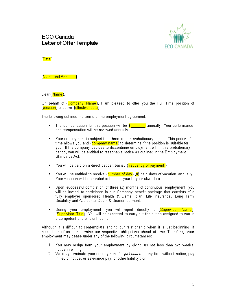 company offer letter template voorbeeld afbeelding 