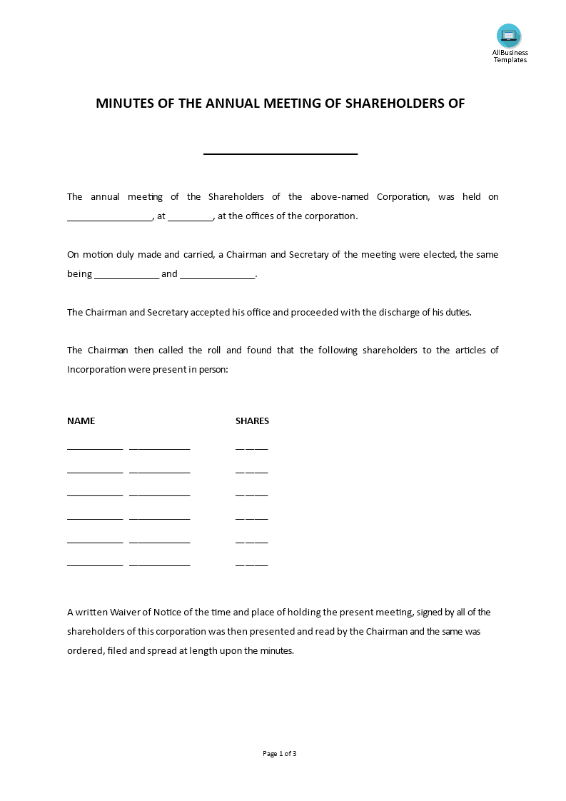 minutes of the annual meeting of shareholders template