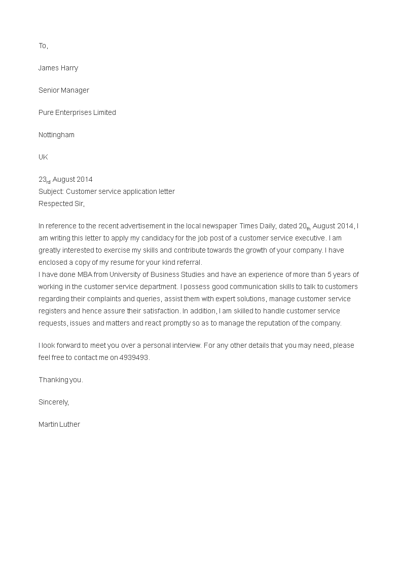 customer service executive cover letter template