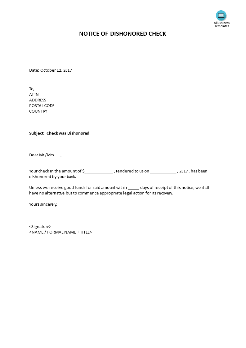 notice of dishonored check template