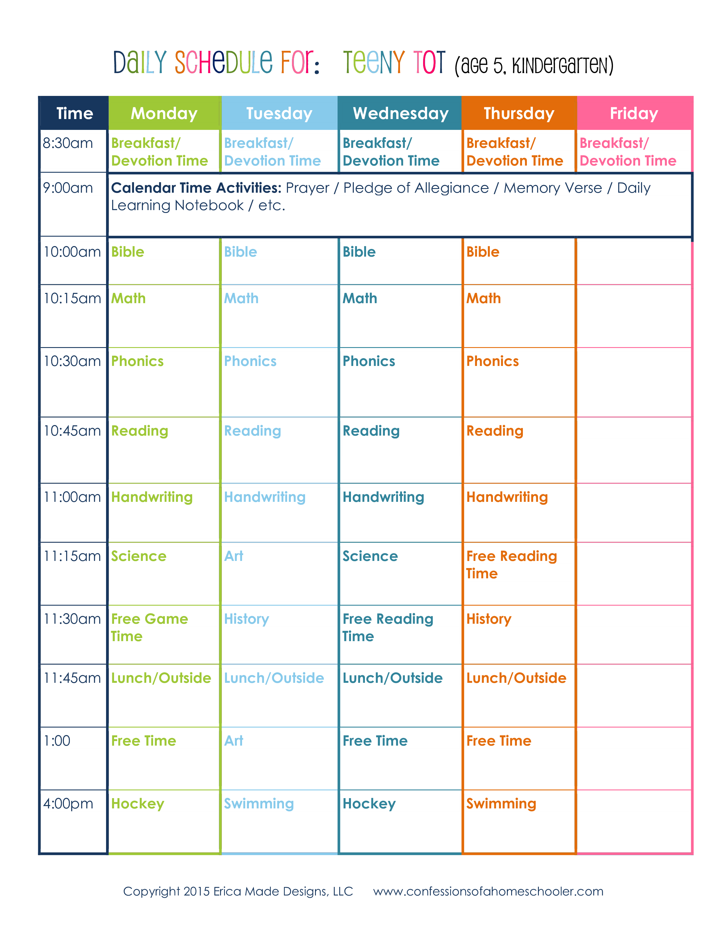 Kindergarten Homeschool Schedule | Templates at allbusinesstemplates.com