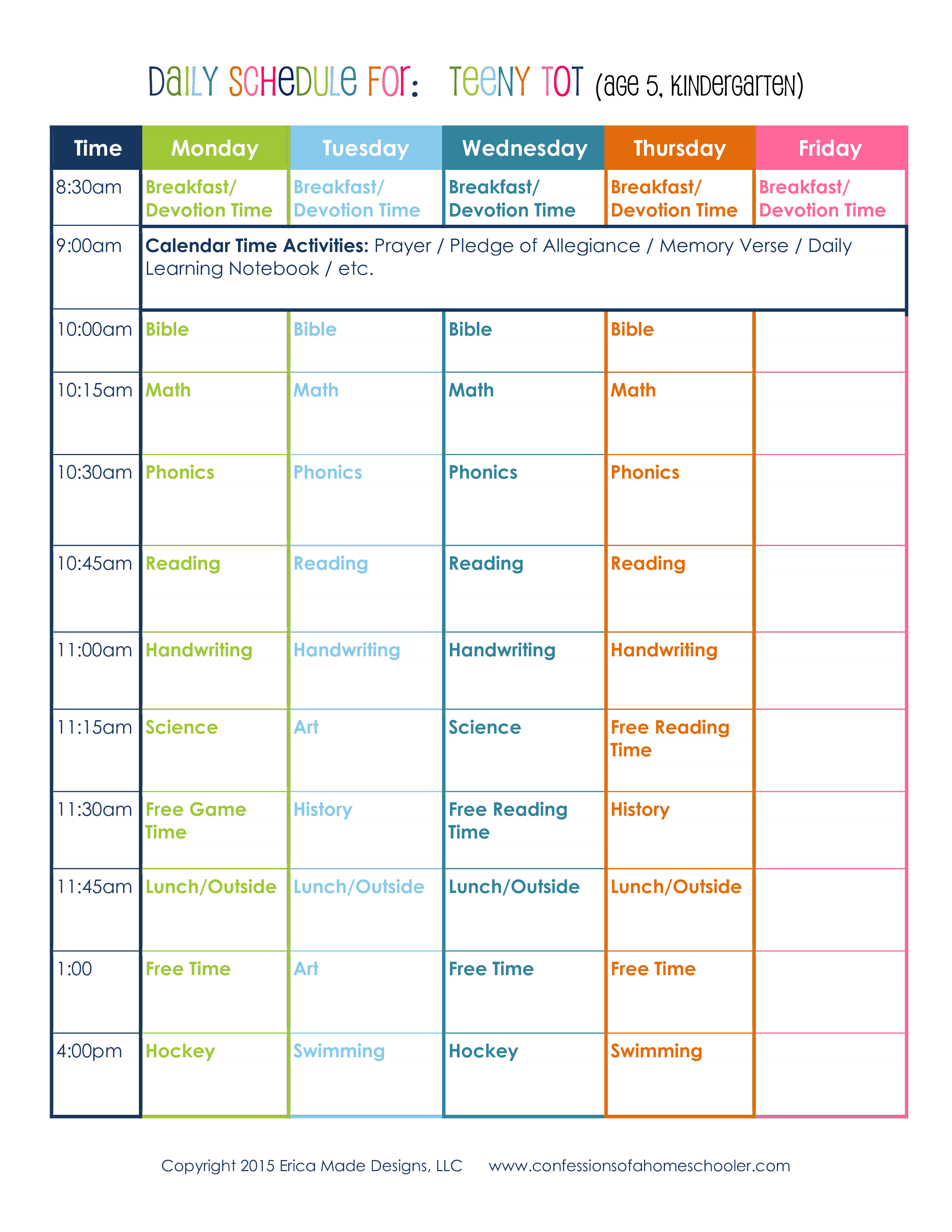 typical kindergarten daily schedule