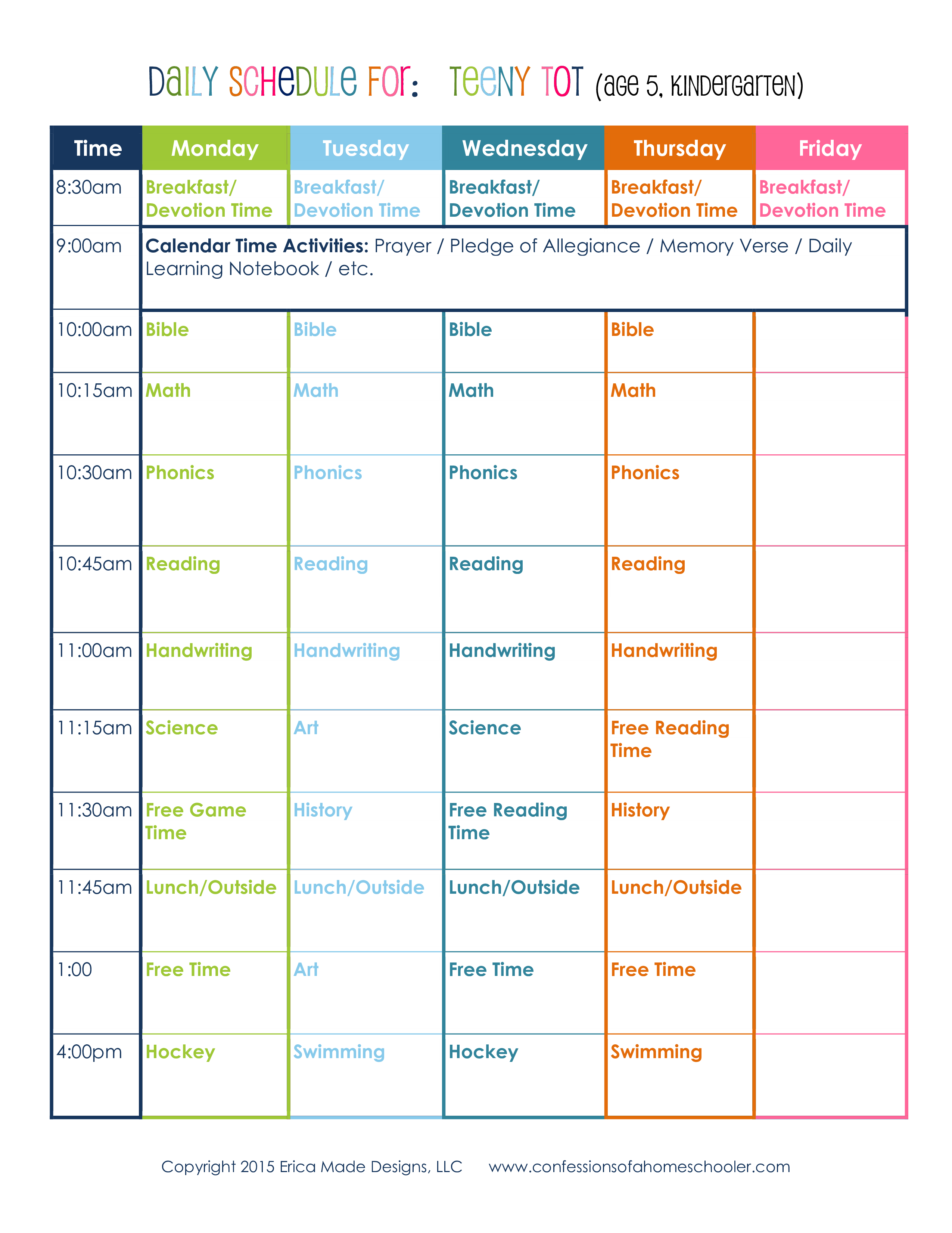 Kindergarten Homeschool Schedule Templates At Allbusinesstemplates