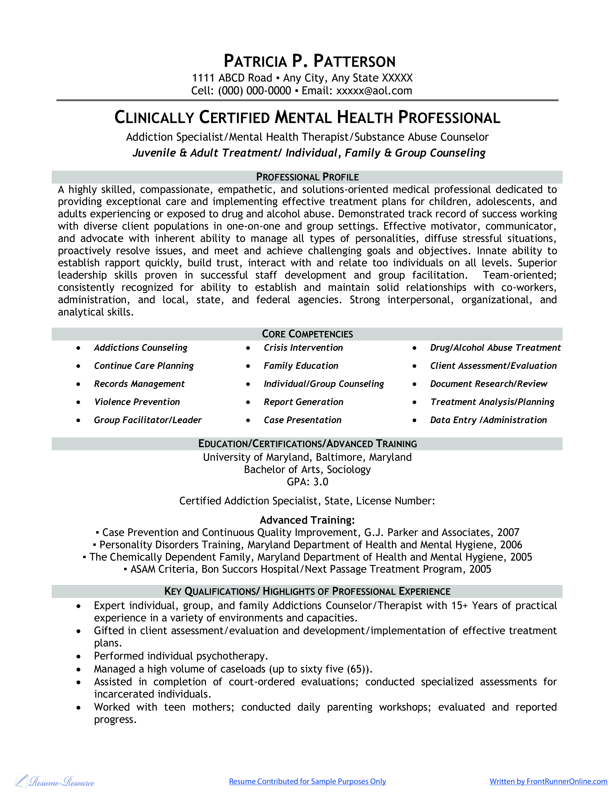 Sample resumes for job in mental health care field